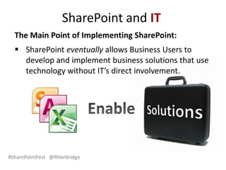 #SharePointFest @RHarbridge
The Main Point of Implementing SharePoint:
 SharePoint eventually allows Business Users to
develop and implement business solutions that use
technology without IT’s direct involvement.
SharePoint and IT
 