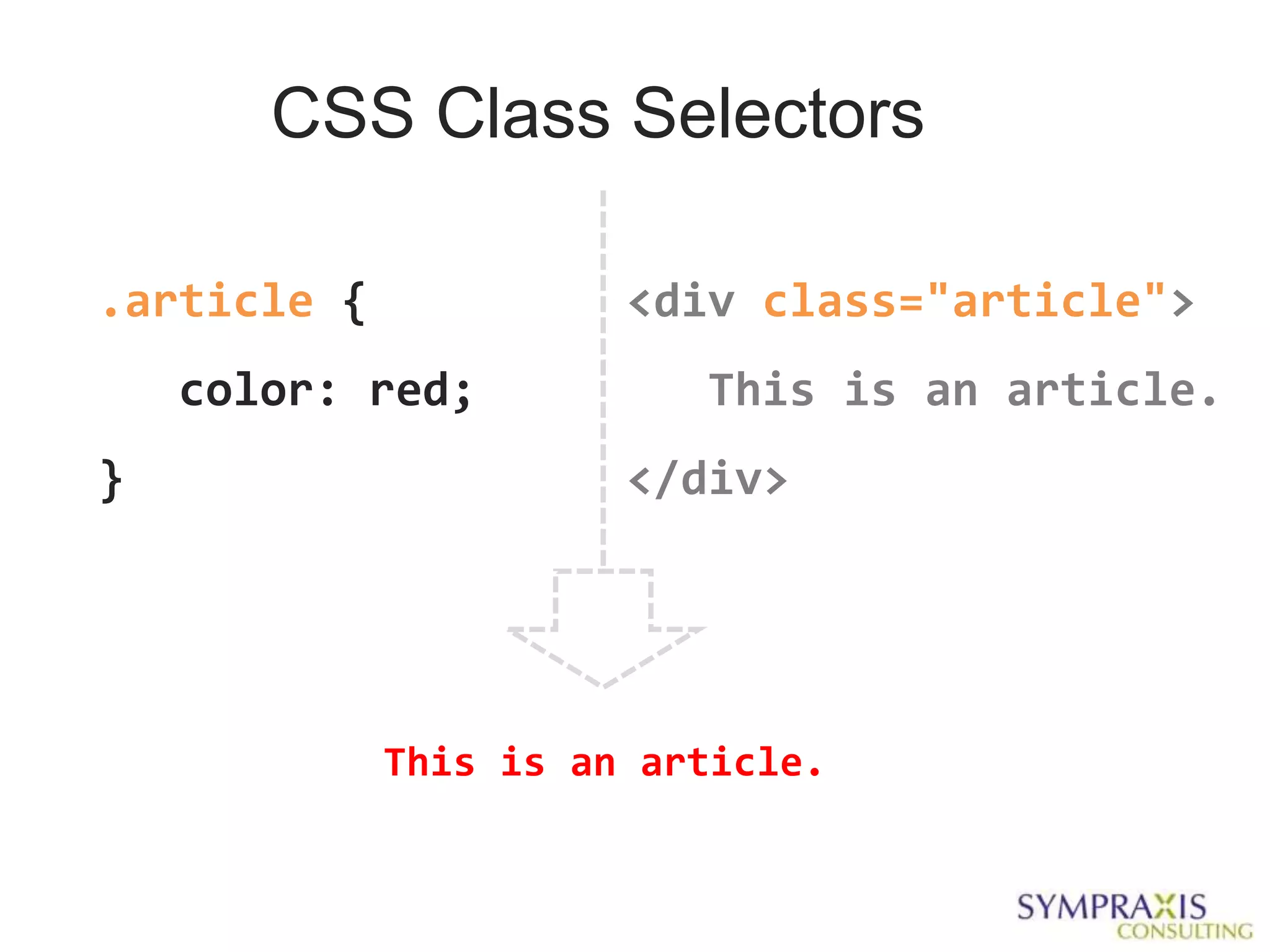 CSS Class Selectors

.article {             <div class="article">
    color: red;           This is an article.
}                      </div>




             This is an article.
 