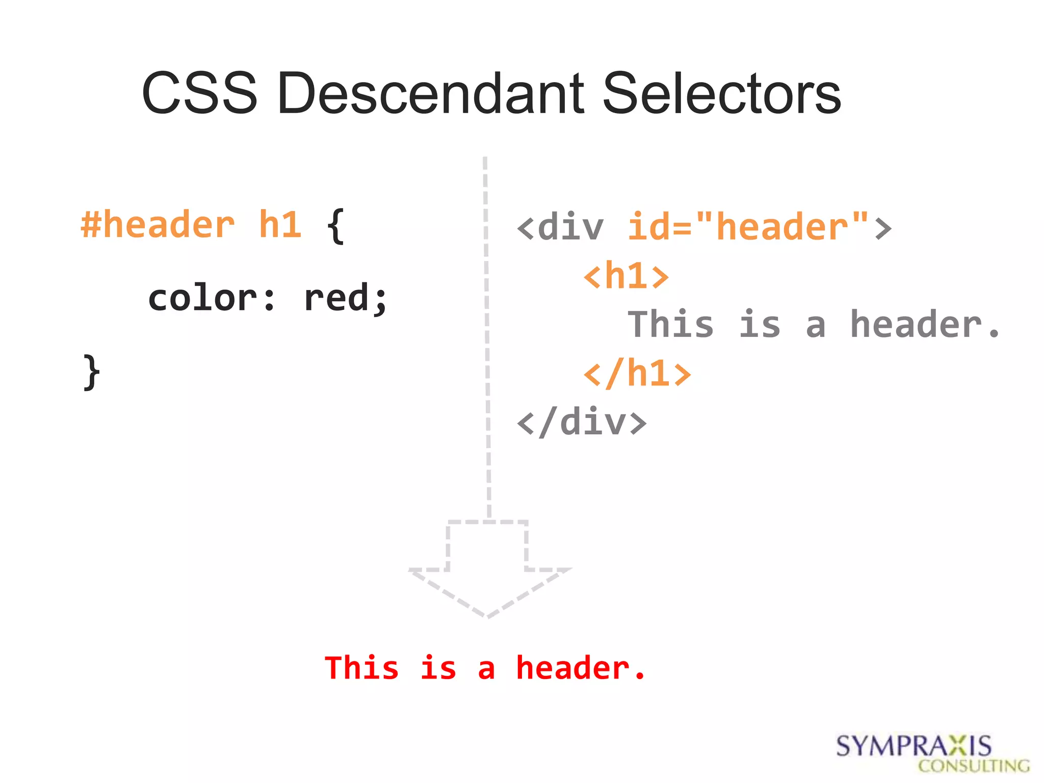 CSS Descendant Selectors

#header h1 {        <div id="header">
                       <h1>
    color: red;
                         This is a header.
}                      </h1>
                    </div>




           This is a header.
 
