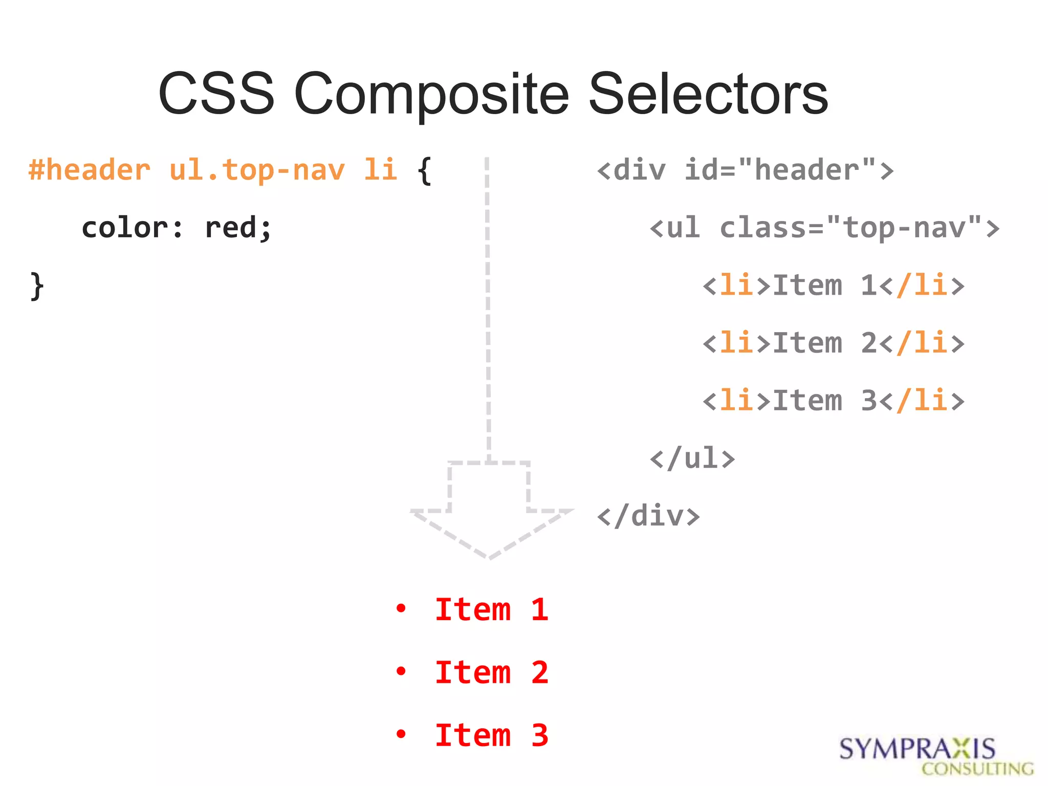 CSS Composite Selectors
#header ul.top-nav li {        <div id="header">
    color: red;                  <ul class="top-nav">
}                                   <li>Item 1</li>
                                    <li>Item 2</li>
                                    <li>Item 3</li>
                                 </ul>
                               </div>

                    • Item 1
                    • Item 2
                    • Item 3
 