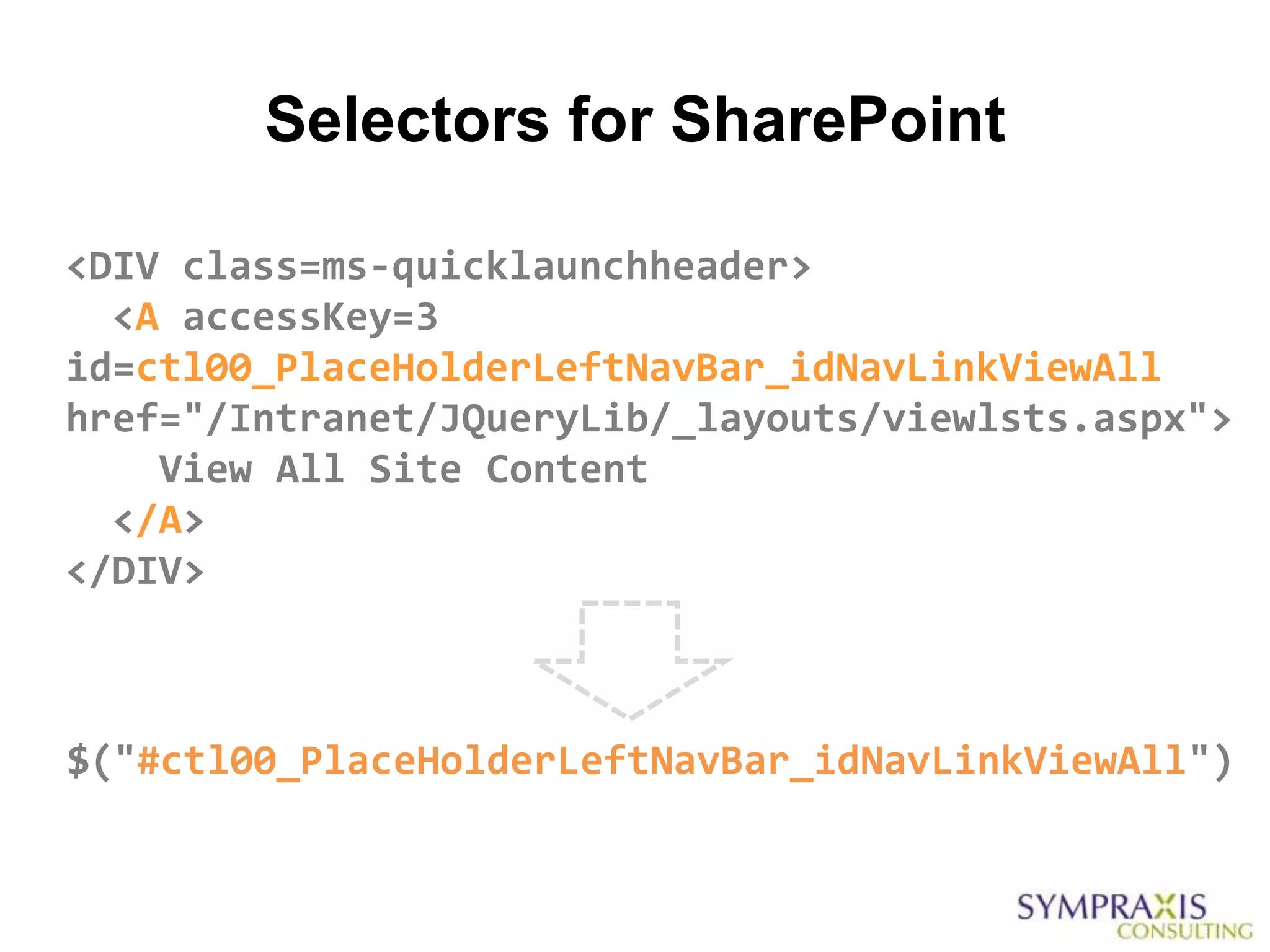 Selectors for SharePoint

<DIV class=ms-quicklaunchheader>
  <A accessKey=3
id=ctl00_PlaceHolderLeftNavBar_idNavLinkViewAll
href="/Intranet/JQueryLib/_layouts/viewlsts.aspx">
    View All Site Content
  </A>
</DIV>



$("#ctl00_PlaceHolderLeftNavBar_idNavLinkViewAll")
 