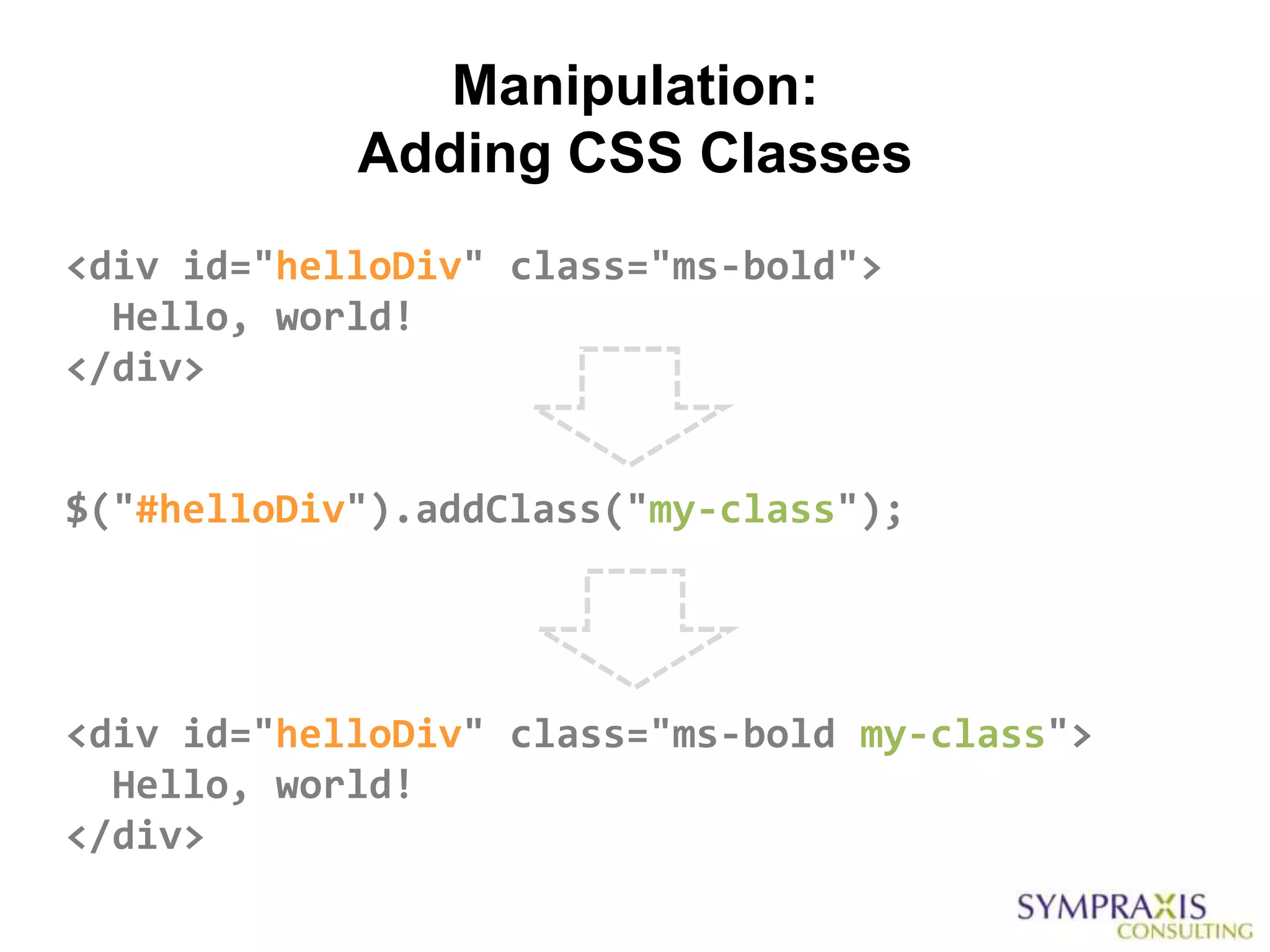 Manipulation:
            Adding CSS Classes
<div id="helloDiv" class="ms-bold">
  Hello, world!
</div>


$("#helloDiv").addClass("my-class");




<div id="helloDiv" class="ms-bold my-class">
  Hello, world!
</div>
 