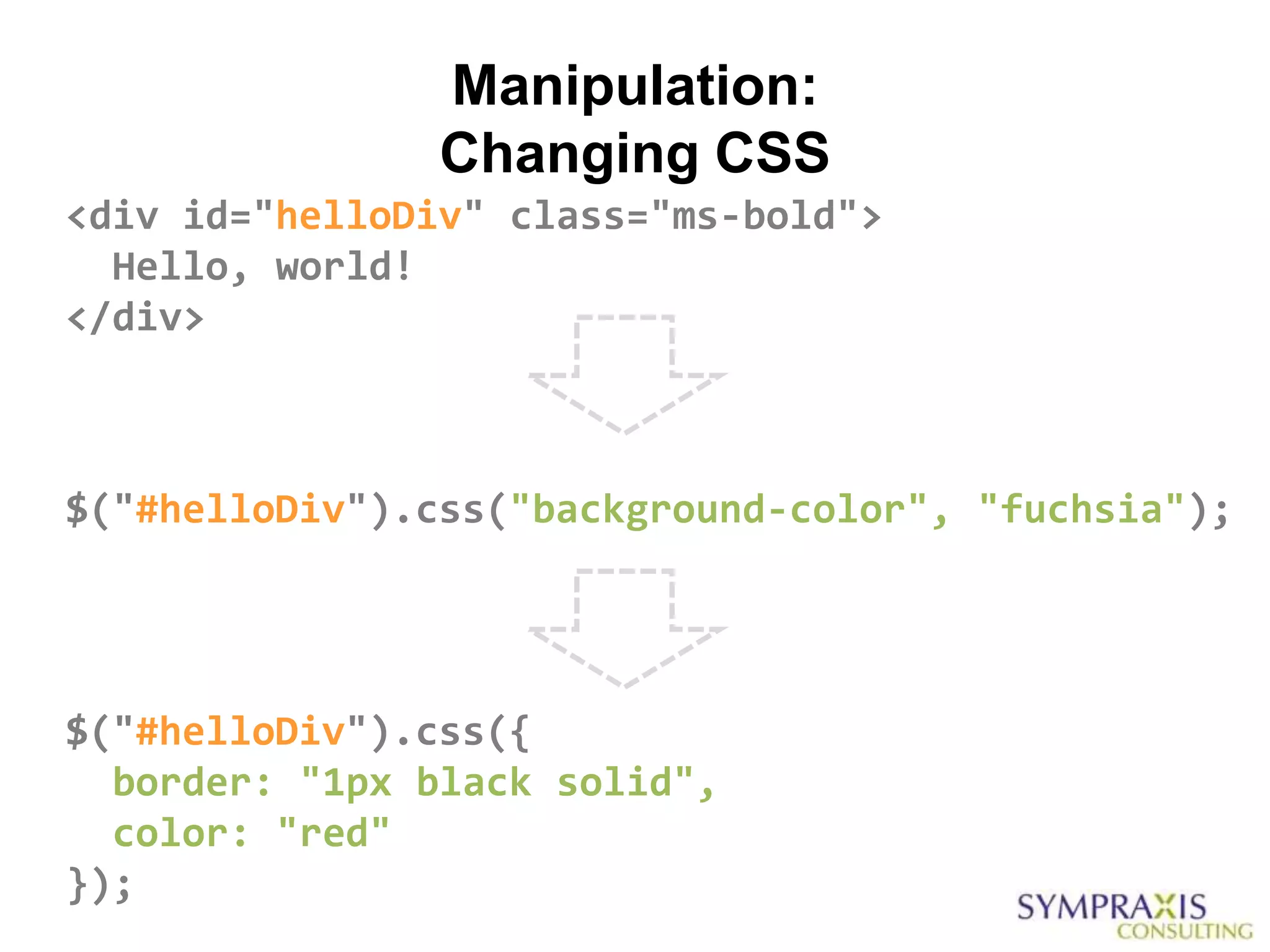 Manipulation:
                Changing CSS
<div id="helloDiv" class="ms-bold">
  Hello, world!
</div>



$("#helloDiv").css("background-color", "fuchsia");




$("#helloDiv").css({
  border: "1px black solid",
  color: "red"
});
 