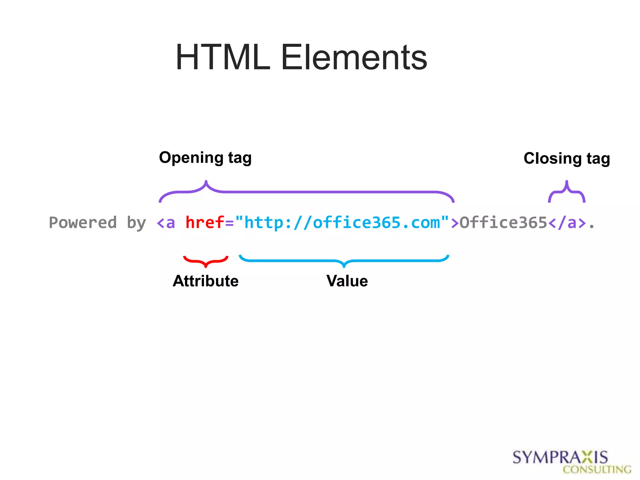 HTML Elements

           Opening tag                          Closing tag



Powered by <a href="http://office365.com">Office365</a>.


            Attribute       Value
 