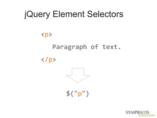 jQuery Element Selectors

   <p>
      Paragraph of text.
   </p>



          $("p")
 