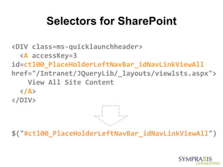 Selectors for SharePoint

<DIV class=ms-quicklaunchheader>
  <A accessKey=3
id=ctl00_PlaceHolderLeftNavBar_idNavLinkViewAll
href="/Intranet/JQueryLib/_layouts/viewlsts.aspx">
    View All Site Content
  </A>
</DIV>



$("#ctl00_PlaceHolderLeftNavBar_idNavLinkViewAll")
 