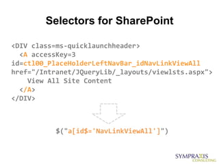 Selectors for SharePoint

<DIV class=ms-quicklaunchheader>
  <A accessKey=3
id=ctl00_PlaceHolderLeftNavBar_idNavLinkViewAll
href="/Intranet/JQueryLib/_layouts/viewlsts.aspx">
    View All Site Content
  </A>
</DIV>



           $("a[id$='NavLinkViewAll']")
 
