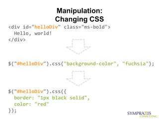 Manipulation:
                Changing CSS
<div id="helloDiv" class="ms-bold">
  Hello, world!
</div>



$("#helloDiv").css("background-color", "fuchsia");




$("#helloDiv").css({
  border: "1px black solid",
  color: "red"
});
 