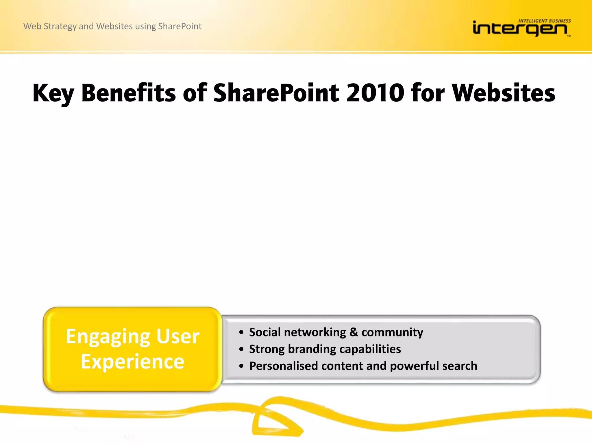 Web Strategy and Websites using SharePoint
Key Benefits of SharePoint 2010 for Websites
• Build connected Intranet, Extranet, and Internet
• Leverage existing investments
• Integrated, scalable, and flexible
Unified
Platform
• Familiar Office authoring experience
• Quick page creation & publishing
• Advanced authoring capabilities available
Ease of
Authoring
• Social networking & community
• Strong branding capabilities
• Personalised content and powerful search
Engaging User
Experience
 