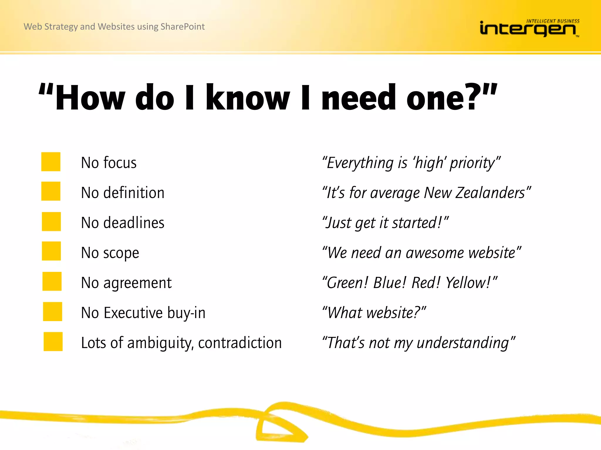 Web Strategy and Websites using SharePoint
“How do I know I need one?”
No focus “Everything is ‘high’ priority”
No definition “It’s for average New Zealanders”
No deadlines “Just get it started!”
No scope “We need an awesome website”
No agreement “Green! Blue! Red! Yellow!”
No Executive buy-in “What website?”
Lots of ambiguity, contradiction “That’s not my understanding”
 