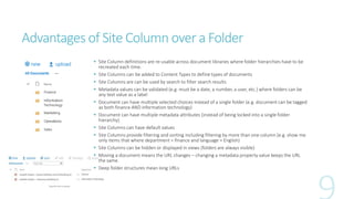 Advantages of Site Column over a Folder 
 Site Column definitions are re-usable across document libraries where folder hi...