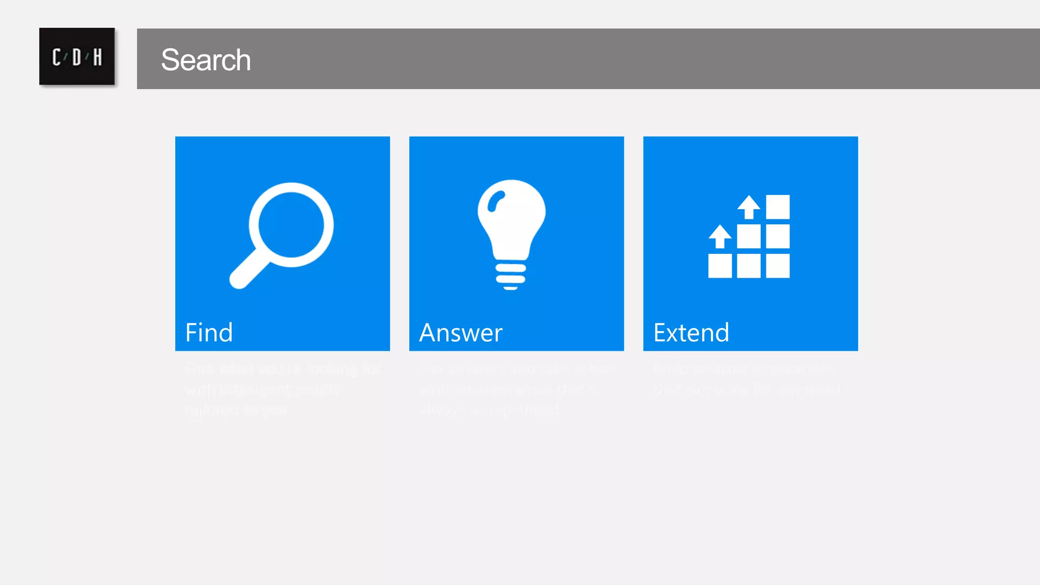 Search 
Find Answer Extend 
Find what you’re looking for 
Get answers and take action 
with intelligent results 
with an experience that’s 
tailored to you 
always a step ahead 
Build smarter applications 
that can scale for any need 
 