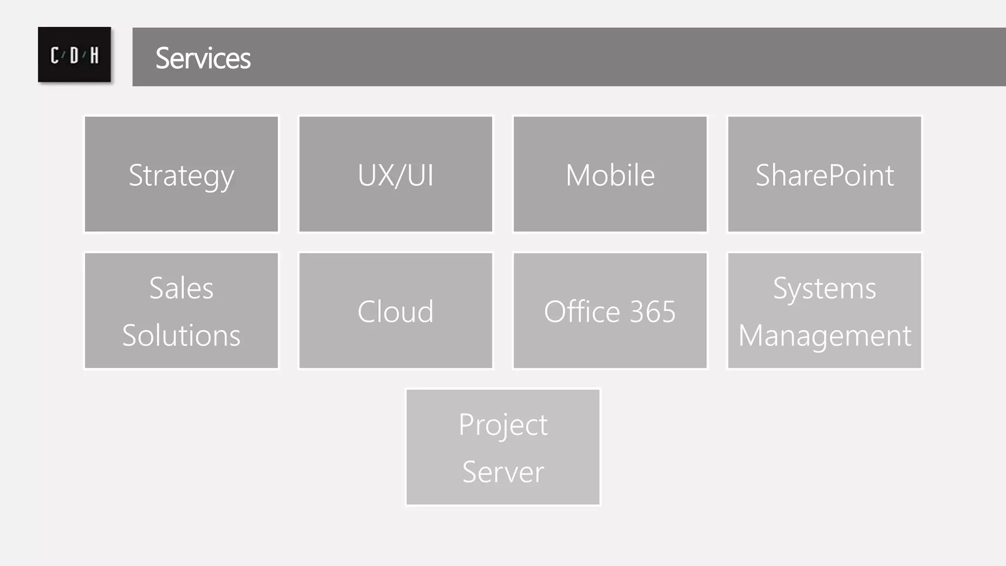 Services 
Strategy UX/UI Mobile SharePoint 
Sales 
Solutions 
Cloud Office 365 
Systems 
Management 
Project 
Server 
 