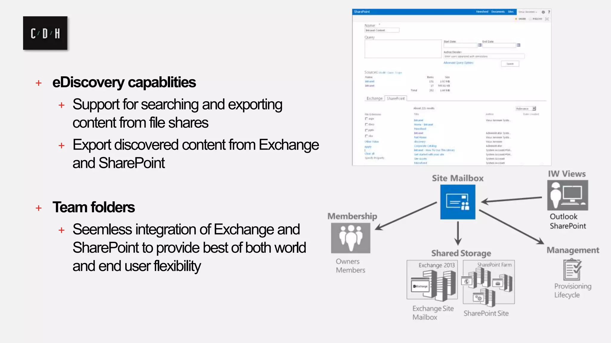 + eDiscovery capablities 
+ Support for searching and exporting 
content from file shares 
+ Export discovered content from Exchange 
and SharePoint 
+ Team folders 
+ Seemless integration of Exchange and 
SharePoint to provide best of both world 
and end user flexibility 
 