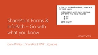 SharePoint Forms &
InfoPath – Go with
what you know
Colin Phillips :: SharePoint MVP :: itgroove
January 2015
 