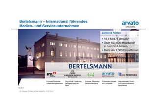 29 | Karsten Pohnke | arvato Systems | 10.07.2014
Bertelsmann – International führendes
Medien- und Serviceunternehmen
Zahlen & Fakten
 15,3 Mrd. € Umsatz*
 Über 100.000 Mitarbeiter
in mehr als 50 Ländern
 Mehr als 1.000 Einzelfirmen
Europas führender
Unterhaltungskonzern
Die größte Publikums-
verlagsgruppe der
Welt
Europas führendes
Zeitschriftenhaus
Führender globaler
BPO-Anbieter
Internationaler Druck-
und Kommunikations-
dienstleister
*GJ 2013
Zahlen & Fakten
 16,4 Mrd. € Umsatz*
 Über 100.000 Mitarbeiter
in rund 50 Ländern
 Mehr als 1.000 Einzelfirmen
 
