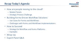 Recap Today’s Agenda
• How are people moving to the cloud?
– Market Trends
– Strategic Process Challenge
• Building Forms-Driven Workflow Solutions
– Use Cases for Forms and Workflows
– Challenges with Forms and Workflows Implementations
• How to Succeed
– Strategy for Workflow and Forms Platforms
– Examples
• Wrap-Up
• Expert Panel Q&A
 