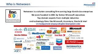 Who is Netwoven
Netwoven is a solution consulting firm serving large & mid-size enterprises
We were founded in 2001 by former Microsoft executives
Top domain experts from multiple industries
and technology firms like Microsoft, Accenture, Oracle & Intel
U.S. headquartered company with global development center
Save the Children
 