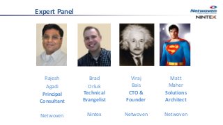 Expert Panel
Brad
Orluk
Technical
Evangelist
Nintex
Matt
Maher
Solutions
Architect
Netwoven
Viraj
Bais
CTO &
Founder
Netwoven
Rajesh
Agadi
Principal
Consultant
Netwoven
 