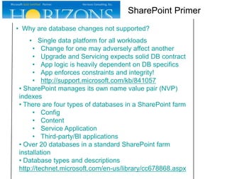 • Why are database changes not supported?
• Single data platform for all workloads
• Change for one may adversely affect another
• Upgrade and Servicing expects solid DB contract
• App logic is heavily dependent on DB specifics
• App enforces constraints and integrity!
• http://support.microsoft.com/kb/841057
• SharePoint manages its own name value pair (NVP)
indexes
• There are four types of databases in a SharePoint farm
• Config
• Content
• Service Application
• Third-party/BI applications
• Over 20 databases in a standard SharePoint farm
installation
• Database types and descriptions
http://technet.microsoft.com/en-us/library/cc678868.aspx
SharePoint Primer
 