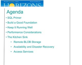 Agenda
• SQL Primer
• Build a Good Foundation

• Keep It Running Well
• Performance Considerations
• The Kitchen Sink

• Remote BLOB Storage
• Availability and Disaster Recovery
• Access Services

 