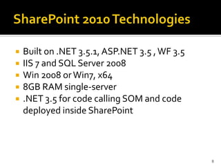 Built on .NET 3.5.1, ASP.NET 3.5 , WF 3.5 
IIS 7 and SQL Server 2008 
Win 2008 or Win7, x64 
8GB RAM single-server 
.NET 3.5 for code calling SOM and code 
deployed inside SharePoint 
8 
 