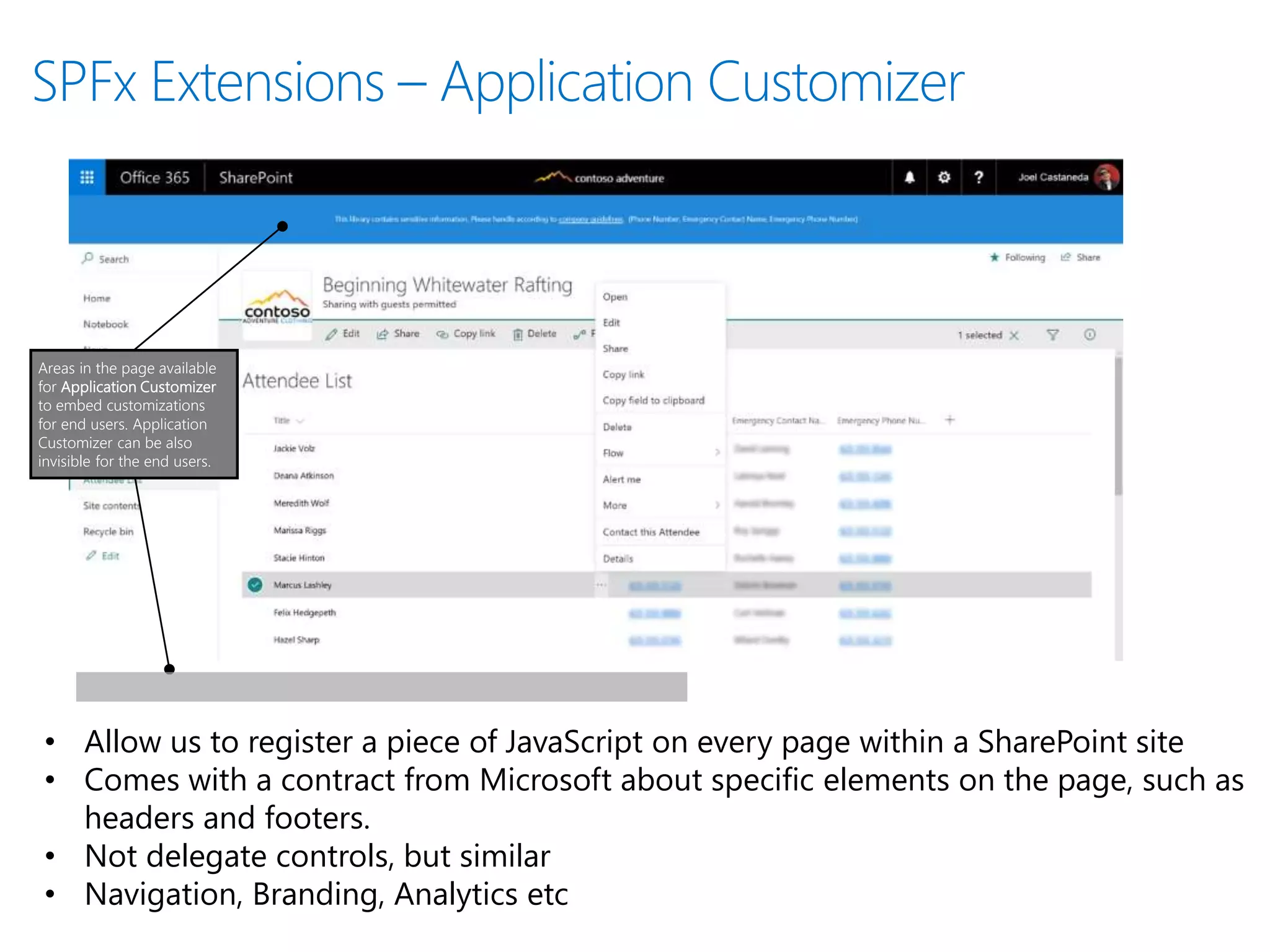 Areas in the page available
for Application Customizer
to embed customizations
for end users. Application
Customizer can be also
invisible for the end users.
• Allow us to register a piece of JavaScript on every page within a SharePoint site
• Comes with a contract from Microsoft about specific elements on the page, such as
headers and footers.
• Not delegate controls, but similar
• Navigation, Branding, Analytics etc
 