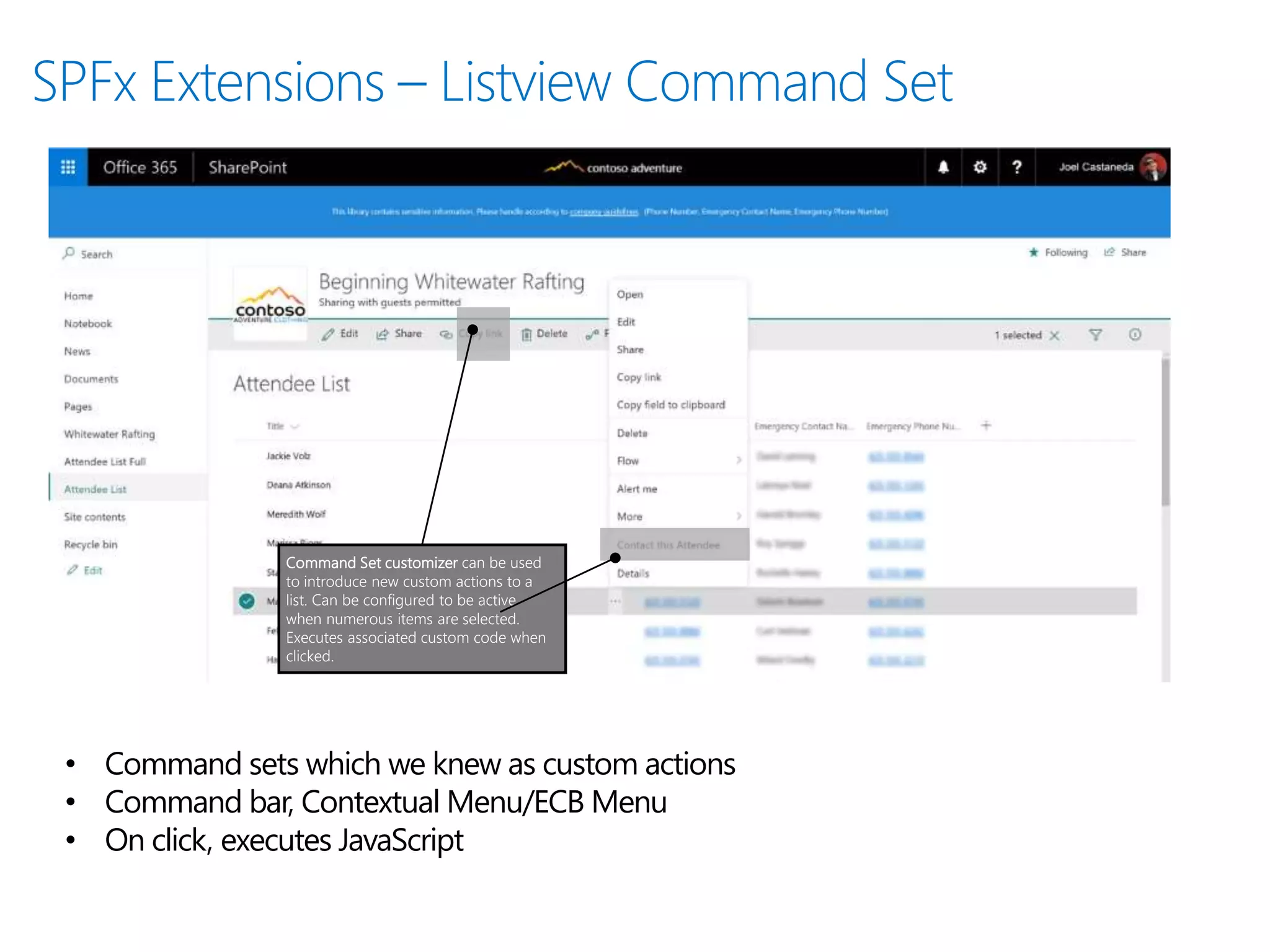 Command Set customizer can be used
to introduce new custom actions to a
list. Can be configured to be active
when numerous items are selected.
Executes associated custom code when
clicked.
• Command sets which we knew as custom actions
• Command bar, Contextual Menu/ECB Menu
• On click, executes JavaScript
 