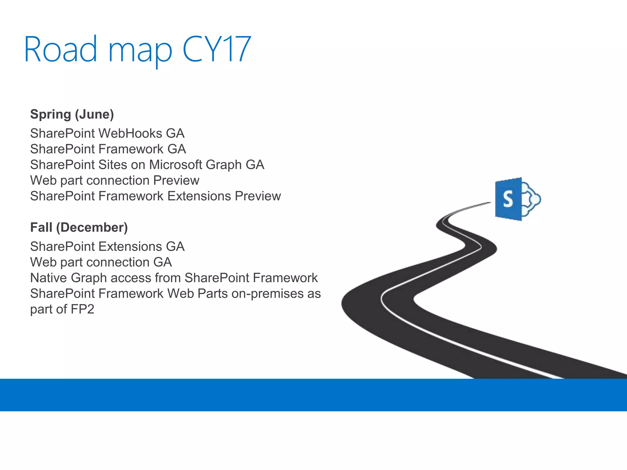 Spring (June)
SharePoint WebHooks GA
SharePoint Framework GA
SharePoint Sites on Microsoft Graph GA
Web part connection Preview
SharePoint Framework Extensions Preview
Fall (December)
SharePoint Extensions GA
Web part connection GA
Native Graph access from SharePoint Framework
SharePoint Framework Web Parts on-premises as
part of FP2
 