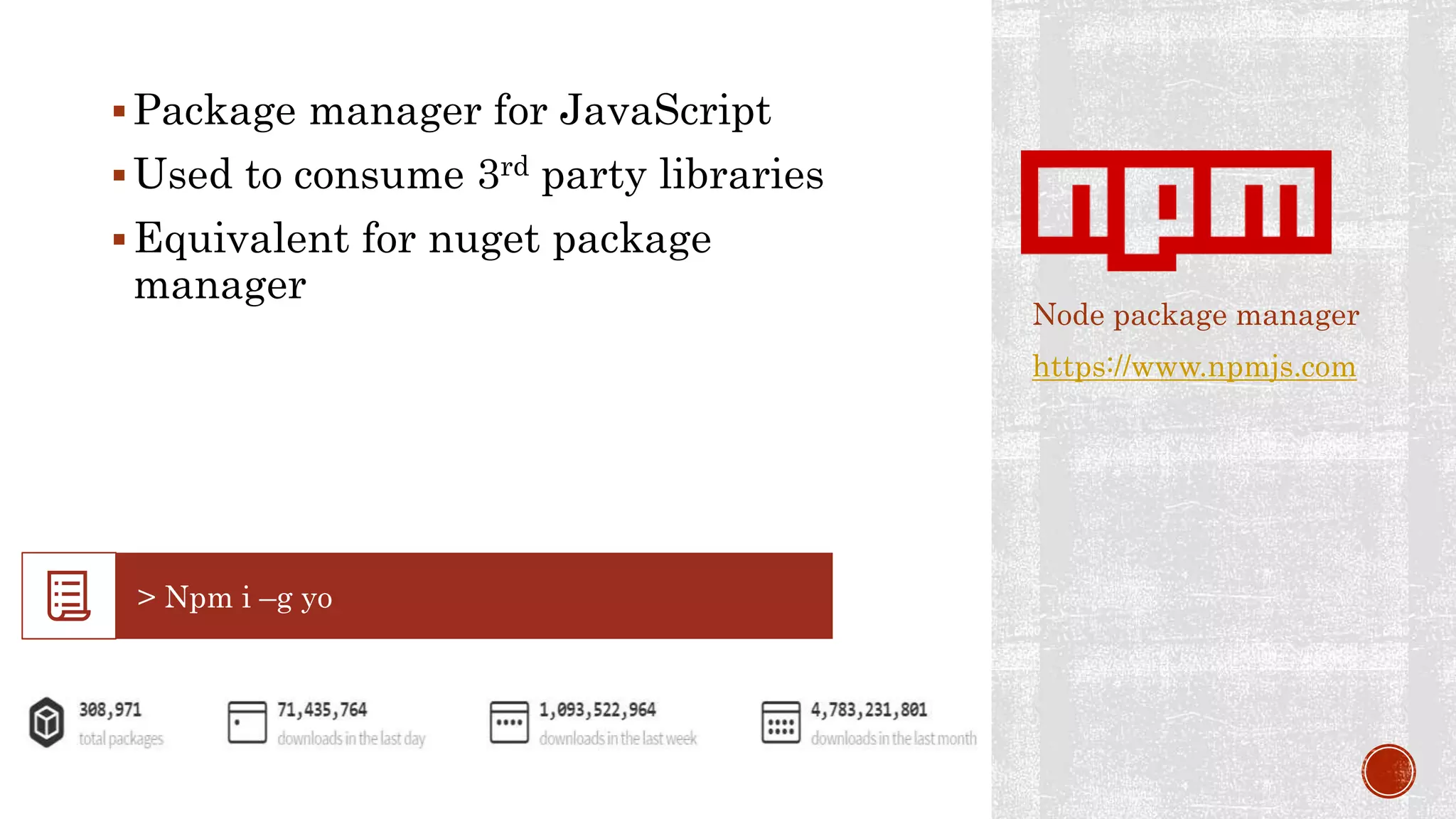 Package manager for JavaScript
Used to consume 3rd party libraries
Equivalent for nuget package
manager
Node package manager
https://www.npmjs.com
 