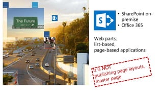 SharePoint Future
Web parts,
list-based,
page-based applications
• SharePoint on-
premise
• Office 365
 