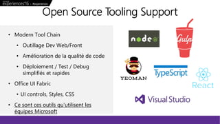 • Modern Tool Chain
• Outillage Dev Web/Front
• Amélioration de la qualité de code
• Déploiement / Test / Debug
simplifiés et rapides
• Office UI Fabric
• UI controls, Styles, CSS
• Ce sont ces outils qu'utilisent les
équipes Microsoft
Open Source Tooling Support
 