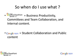 So when do I use what ?  		      = Business Productivity, Committees and Team Collaboration, and Internal content. 		= Student Collaboration and Public content
