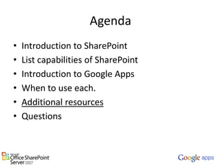 AgendaIntroduction to SharePointList capabilities of SharePointIntroduction to Google AppsWhen to use each.Additional resourcesQuestions