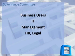 Governance Committee
Business Users
IT
Management
HR, Legal
 