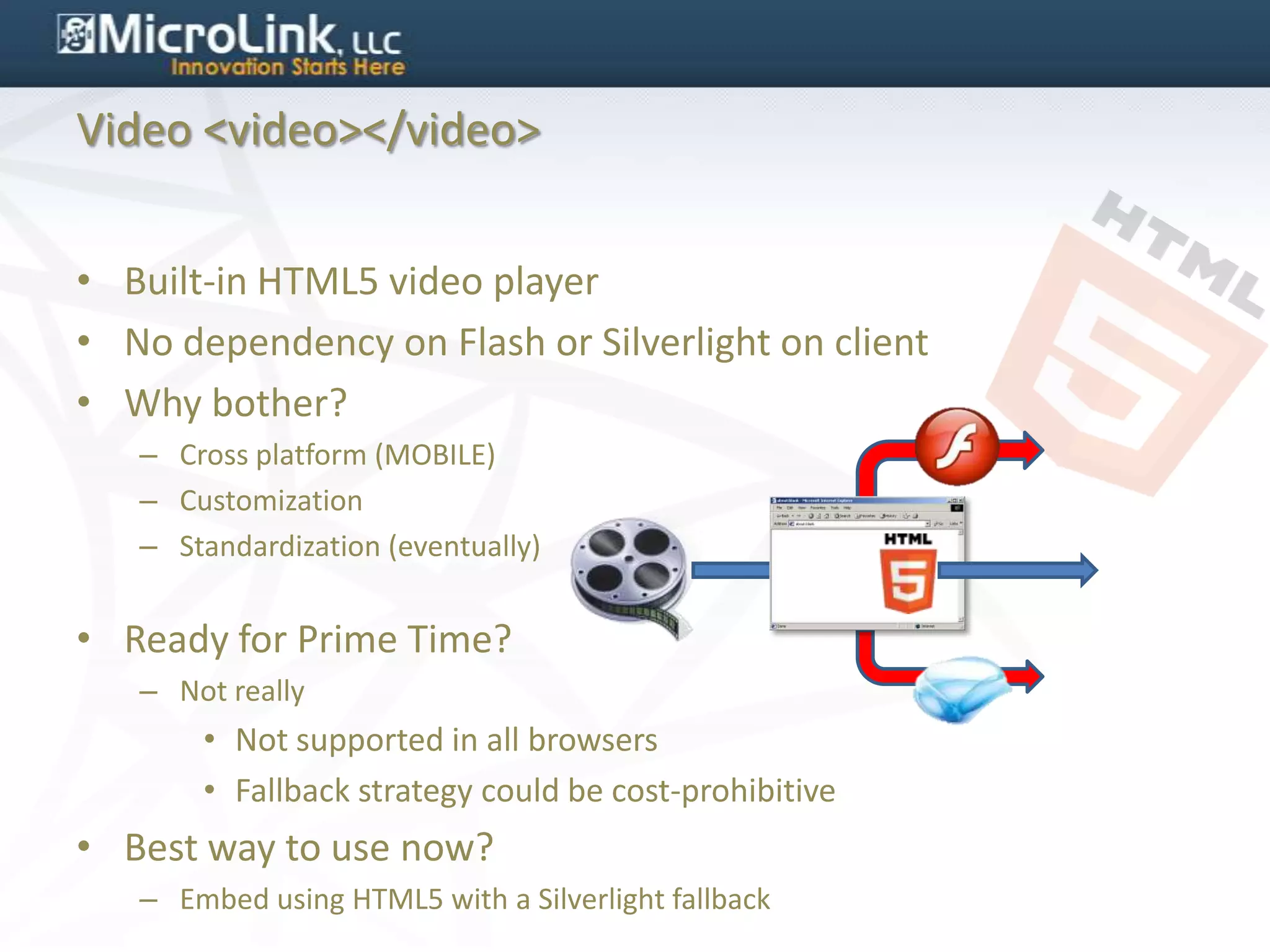 Video <video></video>


• Built-in HTML5 video player
• No dependency on Flash or Silverlight on client
• Why bother?
   – Cross platform (MOBILE)
   – Customization
   – Standardization (eventually)


• Ready for Prime Time?
   – Not really
       • Not supported in all browsers
       • Fallback strategy could be cost-prohibitive
• Best way to use now?
   – Embed using HTML5 with a Silverlight fallback
 