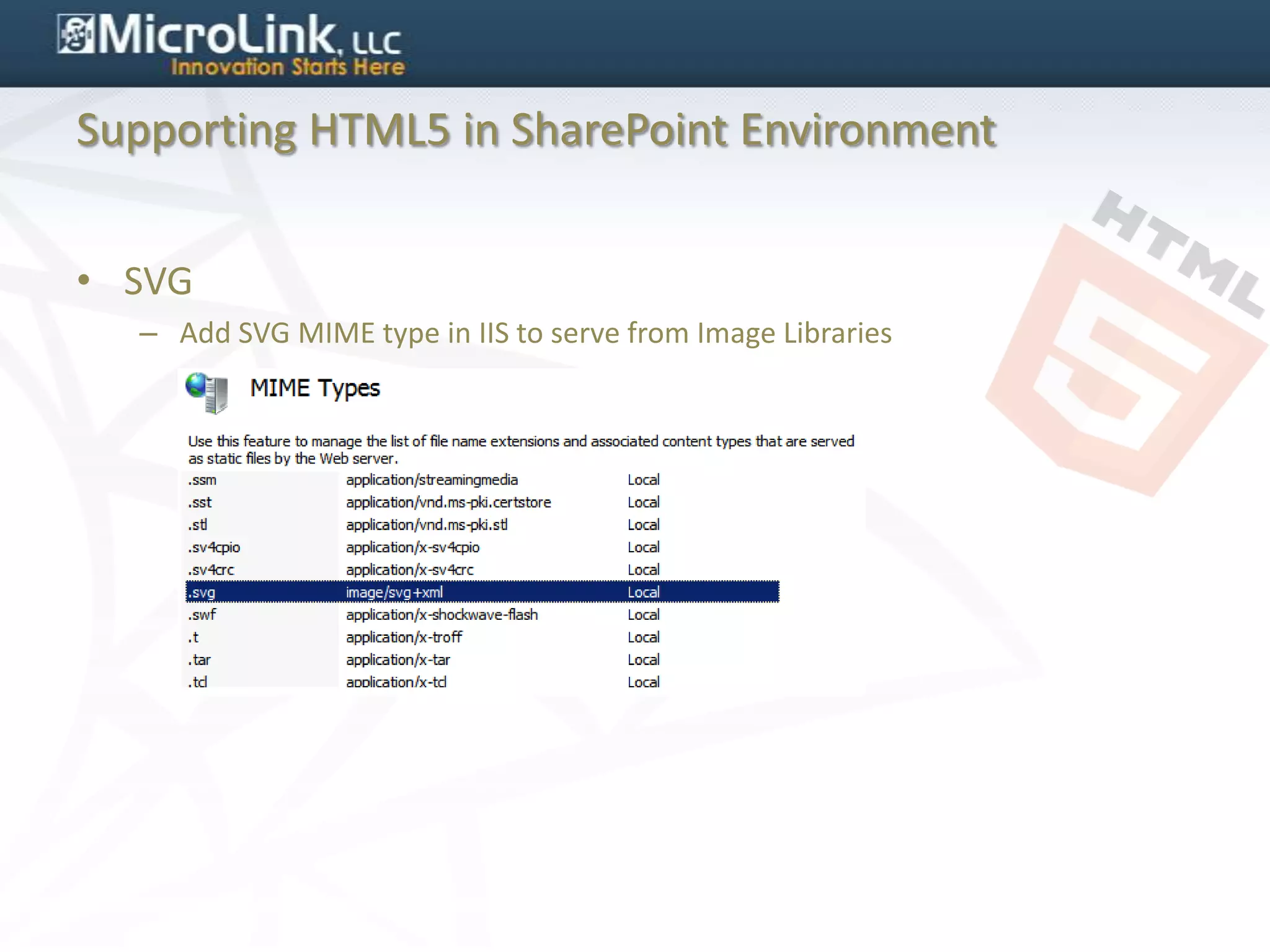 Supporting HTML5 in SharePoint Environment


• SVG
  – Add SVG MIME type in IIS to serve from Image Libraries
 