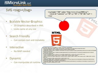 SVG <svg></svg>                               <svg height="200" xmlns="http://www.w3.org/2000/svg">
                                                <circle id="redcircle" cx="50" cy="50" r="50" fill="red" />
                                              </svg>


• Scalable Vector Graphics
   – 2D Graphics described in XML
   – Looks same at any size


• Search Friendly
   – Can contain text and metadata


• Interactive                    <svg xmlns="http://www.w3.org/2000/svg" viewBox="0 0 512 512"><title>HTML5
                                 Logo</title><polygon fill="#e44d26" points="107.644,470.877 74.633,100.62 437.367,100.62 404.321,470.819 255.778,512"
                                 /><polygon fill="#f16529" points="256,480.523 376.03,447.246 404.27,130.894 256,130.894"

   – No MAP needed
                                 /><polygon fill="#ebebeb" points="256,268.217 195.91,268.217 191.76,221.716 256,221.716 256,176.305 255.843,176.305 142.132,176.305 143.219,188.488
                                 154.38,313.627 256,313.627"
                                 /><polygon fill="#ebebeb" points="256,386.153 255.801,386.206 205.227,372.55 201.994,336.333 177.419,336.333 156.409,336.333 162.771,407.634
                                 255.791,433.457 256,433.399"
                                 /><path d="M 108.382 0 h 23.077 v 22.8 h 21.11 V 0 h 23.078 v 69.044 H 152.57 v -23.12 h -21.11 v 23.12 h -23.077 V 0 Z"
                                 /><path d="M 205.994 22.896 h -20.316 V 0 h 63.72 v 22.896 h -20.325 v 46.148 h -23.078 V 22.896 Z"
                                 /><path d="M 259.511 0 h 24.063 l 14.802 24.26 L 313.163 0 h 24.072 v 69.044 h -22.982 V 34.822 l -15.877 24.549 h -0.397 l -15.888 -24.549 v 34.222 h -


• Dynamic
                                 22.58 V 0 Z"
                                 /><path d="M 348.72 0 h 23.084 v 46.222 h 32.453 v 22.822 H 348.72 V 0 Z"
                                 /><polygon fill="#ffffff" points="255.843,268.217 255.843,313.627 311.761,313.627 306.49,372.521 255.843,386.191 255.843,433.435 348.937,407.634
                                 349.62,399.962 360.291,280.411 361.399,268.217 349.162,268.217"


   – Can manipulate at runtime
                                 /><polygon fill="#ffffff" points="255.843,176.305 255.843,204.509 255.843,221.605 255.843,221.716 365.385,221.716 365.385,221.716 365.531,221.716
                                 366.442,211.509 368.511,188.488 369.597,176.305"
                                 /></svg>
 