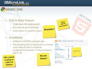 DEMO: SVG


• Post-It-Note Feature
   – Single base SVG (lightweight)
   – Dynamically generated text
   – Scales down to conserve space


• Drawbacks
   – Fallback to GIF/JPG could get ugly
   – Manipulating SVG in JavaScript is currently
     more difficult than it should be
     (supposed to be better in future browsers
     like IE 10)
 