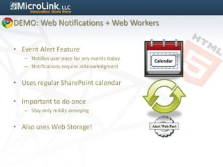DEMO: Web Notifications + Web Workers


• Event Alert Feature
   – Notifies user once for any events today    Calendar
   – Notifications require acknowledgment


• Uses regular SharePoint calendar

• Important to do once
   – Stay only mildly annoying


• Also uses Web Storage!                       Alert Web Part
 