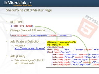 SharePoint 2010 Master Page


• DOCTYPE

• Change ‘Forced IE8’ mode


• Add Feature Detection
   – Modernizr
     http://www.modernizr.com/


• Add jQuery
   – Take advantage of HTML5
     with minimal code
 