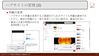  外観の変更
◦ ハブサイトの外観を変更すると関連付けられたサイトも外観を継承する
◦ ただし、既定の外観から一度も変更していない場合は、継承されない
◦ 継承には多少時間がかかる
※1時間くらい?
©2018 オフィスアイ株式会社 [無断複製および転載を禁じます] 19
ハブサイトの管理 (3)
ハブサイト側ハブサイトに参加したサ
イト側からは外観が変更
できない
 