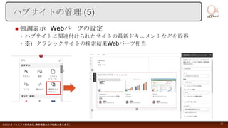 強調表示 Webパーツの設定
◦ ハブサイトに関連付けられたサイトの最新ドキュメントなどを取得
◦ ※) クラシックサイトの検索結果Webパーツ相当
©2018 オフィスアイ株式会社 [無断複製および転載を禁じます] 22
ハブサイトの管理 (5)
 