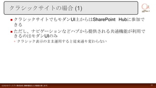  クラシックサイトでもモダンUI上からはSharePoint Hubに参加で
きる
 ただし、ナビゲーションなどハブから提供される共通機能が利用で
きるのはモダンUIのみ
◦ クラシック表示のまま運用すると従来通り変わらない
©2018 オフィスアイ株式会社 [無断複製および転載を禁じます] 23
クラシックサイトの場合 (1)
 