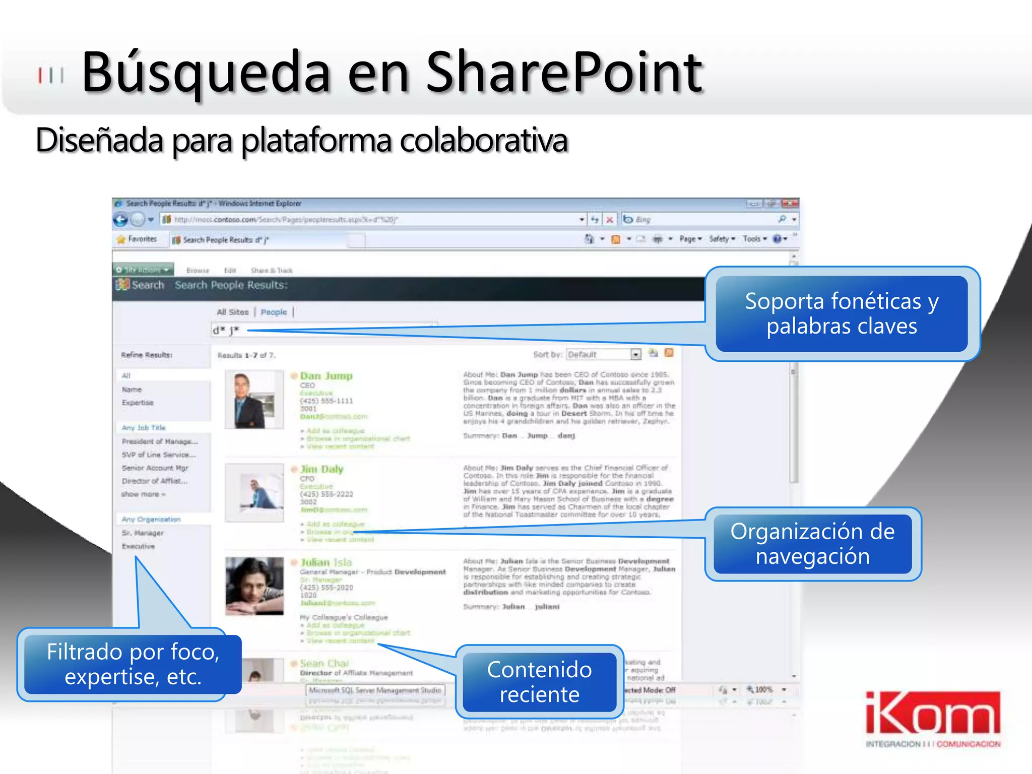 Búsqueda en SharePointDiseñada para plataforma colaborativaSoportafonéticas y palabras clavesOrganización de navegaciónFiltradoporfoco, expertise, etc.Contenidoreciente