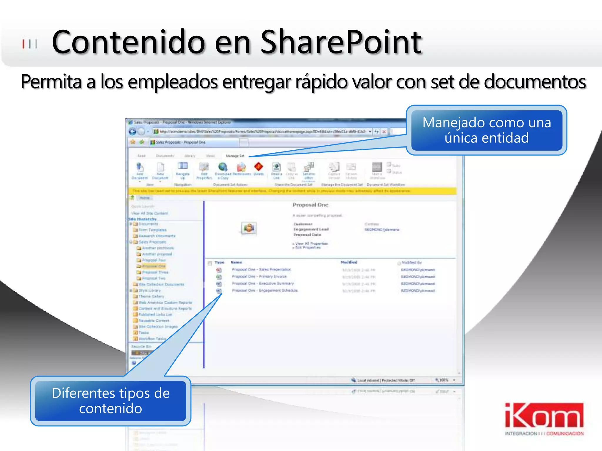 Contenido en SharePointPermita a los empleados entregar rápido valor con set de documentosManejadocomounaúnicaentidadDiferentestipos de contenido