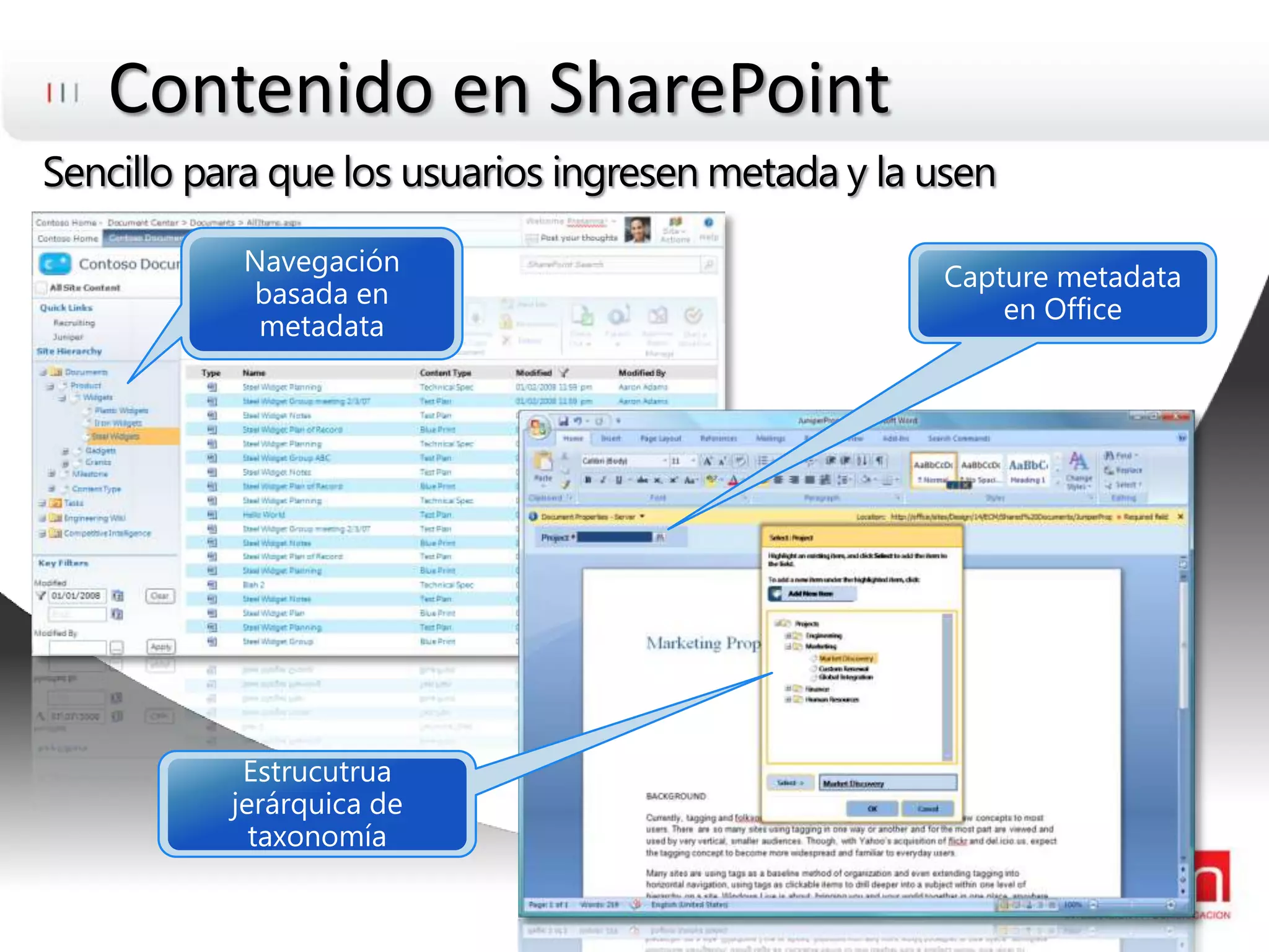 Contenido en SharePointSencillo para que los usuarios ingresen metada y la usenEstrucutruajerárquica de taxonomíaNavegaciónbasada en metadataCapture metadata en Office