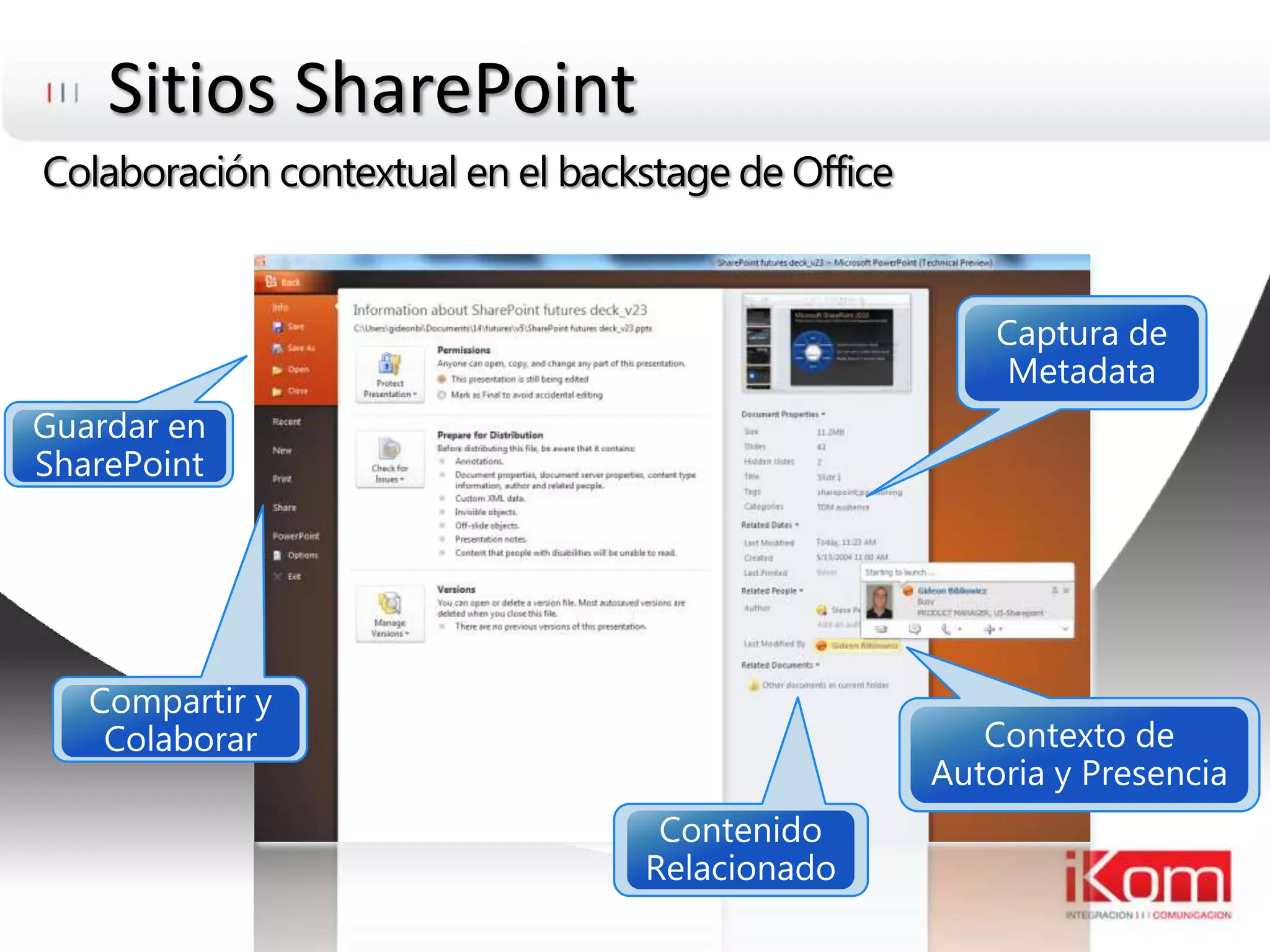 Sitios SharePointColaboración contextual en el backstage de OfficeCompartir y ColaborarGuardar en SharePointContenidoRelacionadoContexto de Autoria y PresenciaCaptura de Metadata