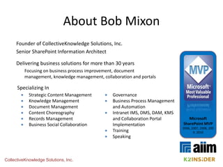 About Bob Mixon
Delivering business solutions for more than 30 years
Focusing on business process improvement, document
management, knowledge management, collaboration and portals
Microsoft
SharePoint MVP
2006, 2007, 2008, 200
9, 2010
Specializing In
 Strategic Content Management
 Knowledge Management
 Document Management
 Content Choreography
 Records Management
 Business Social Collaboration
 Governance
 Business Process Management
and Automation
 Intranet IMS, DMS, DAM, KMS
and Collaboration Portal
Implementation
 Training
 Speaking
CollectiveKnowledge Solutions, Inc.
Founder of CollectiveKnowledge Solutions, Inc.
Senior SharePoint Information Architect
 