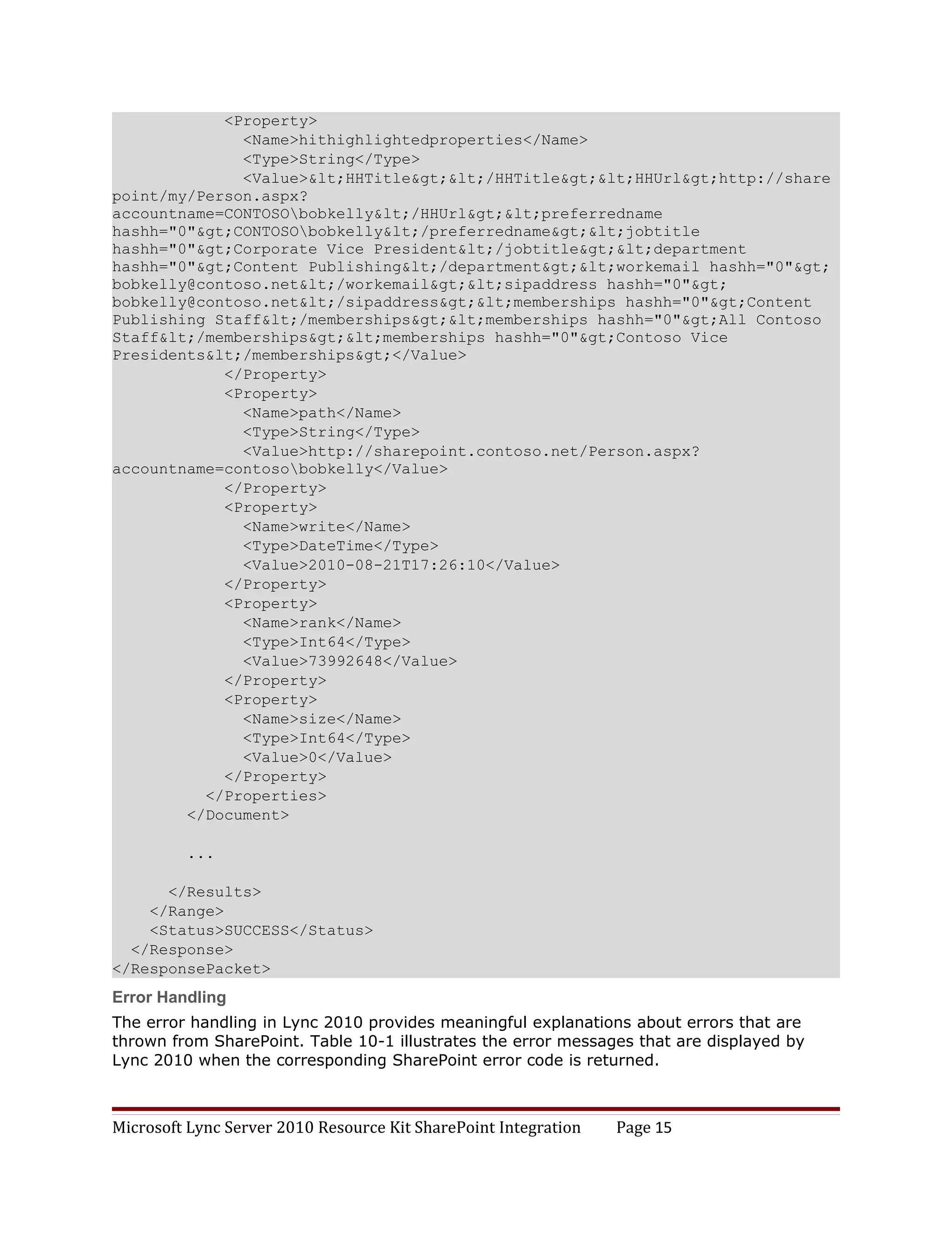 <Property>
              <Name>hithighlightedproperties</Name>
              <Type>String</Type>
              <Value>&lt;HHTitle&gt;&lt;/HHTitle&gt;&lt;HHUrl&gt;http://share
point/my/Person.aspx?
accountname=CONTOSObobkelly&lt;/HHUrl&gt;&lt;preferredname
hashh="0"&gt;CONTOSObobkelly&lt;/preferredname&gt;&lt;jobtitle
hashh="0"&gt;Corporate Vice President&lt;/jobtitle&gt;&lt;department
hashh="0"&gt;Content Publishing&lt;/department&gt;&lt;workemail hashh="0"&gt;
bobkelly@contoso.net&lt;/workemail&gt;&lt;sipaddress hashh="0"&gt;
bobkelly@contoso.net&lt;/sipaddress&gt;&lt;memberships hashh="0"&gt;Content
Publishing Staff&lt;/memberships&gt;&lt;memberships hashh="0"&gt;All Contoso
Staff&lt;/memberships&gt;&lt;memberships hashh="0"&gt;Contoso Vice
Presidents&lt;/memberships&gt;</Value>
            </Property>
            <Property>
              <Name>path</Name>
              <Type>String</Type>
              <Value>http://sharepoint.contoso.net/Person.aspx?
accountname=contosobobkelly</Value>
            </Property>
            <Property>
              <Name>write</Name>
              <Type>DateTime</Type>
              <Value>2010-08-21T17:26:10</Value>
            </Property>
            <Property>
              <Name>rank</Name>
              <Type>Int64</Type>
              <Value>73992648</Value>
            </Property>
            <Property>
              <Name>size</Name>
              <Type>Int64</Type>
              <Value>0</Value>
            </Property>
          </Properties>
        </Document>

         ...

      </Results>
    </Range>
    <Status>SUCCESS</Status>
  </Response>
</ResponsePacket>
Error Handling
The error handling in Lync 2010 provides meaningful explanations about errors that are
thrown from SharePoint. Table 10-1 illustrates the error messages that are displayed by
Lync 2010 when the corresponding SharePoint error code is returned.



Microsoft Lync Server 2010 Resource Kit SharePoint Integration   Page 15
 